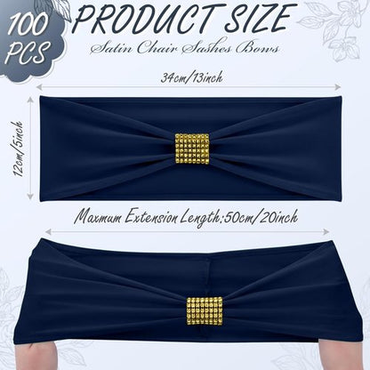 Hahafelt Spandex Chair Sashes with Rhinestone Buckle - 100 Pcs Navy Blue Bowknot Ties for Events