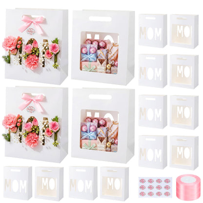 AmazingSpark 12 Set Mother's Day Large Gift Bags Bulk Paper Goodies Boxes with Stickers & Ribbon DIY Mother's Day Gift for Moms Birthdays Party Supplies Decor