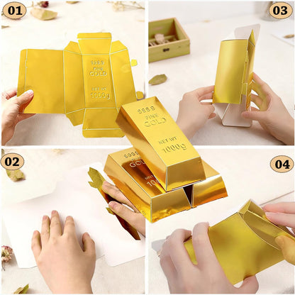 Rowcay 48 Pcs Fake Gold Bar Party Favor Boxes, Foil Paper Golden Treasure Brick Gift Boxes for Pirate Casino Theme Decorations, Candy Chocolate Treats Toys Coins(5.5 x 3.2 x 1.6 Inches)