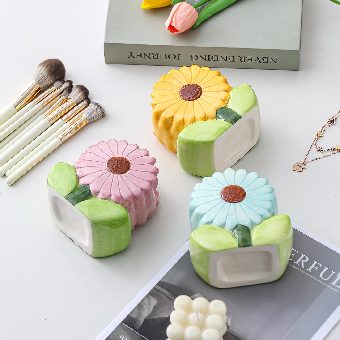 Ceramic Flower Makeup Brush Holder for Women Girls, Cute Pen Pencil Cup Pot for Desk Organizer, Bathroom Toothbrush Holder Home Office Decor (Yellow Sunflower)