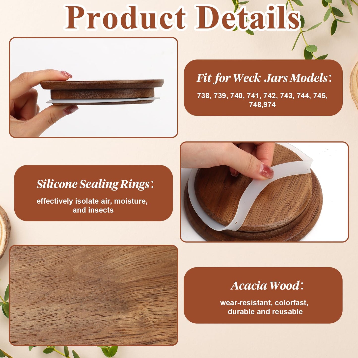 2 Pack Lids for Weck Jars 100mm Opening Acacia Tulip Glass Jar Lid with Silicone Airtight Jar Wooden Lids Fits for Weck Jar Models 738 739 740 741 742 743 744 745 748 974