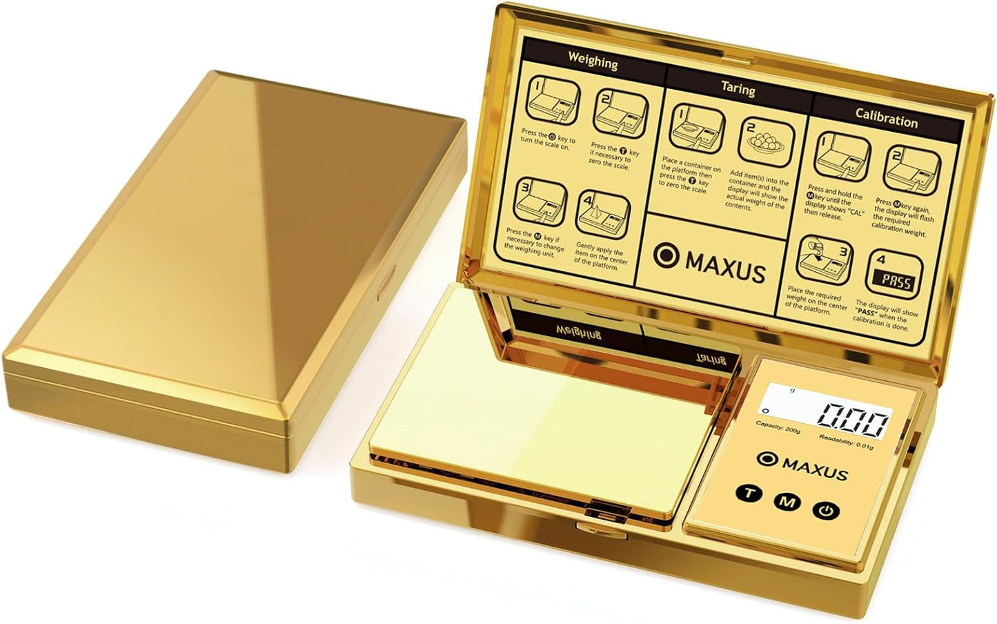 MAXUS Digital Gram Scale, 200g x 0.01g Capacity with Stylish Gold Plated Cover for Jewelry and Food Weighing
