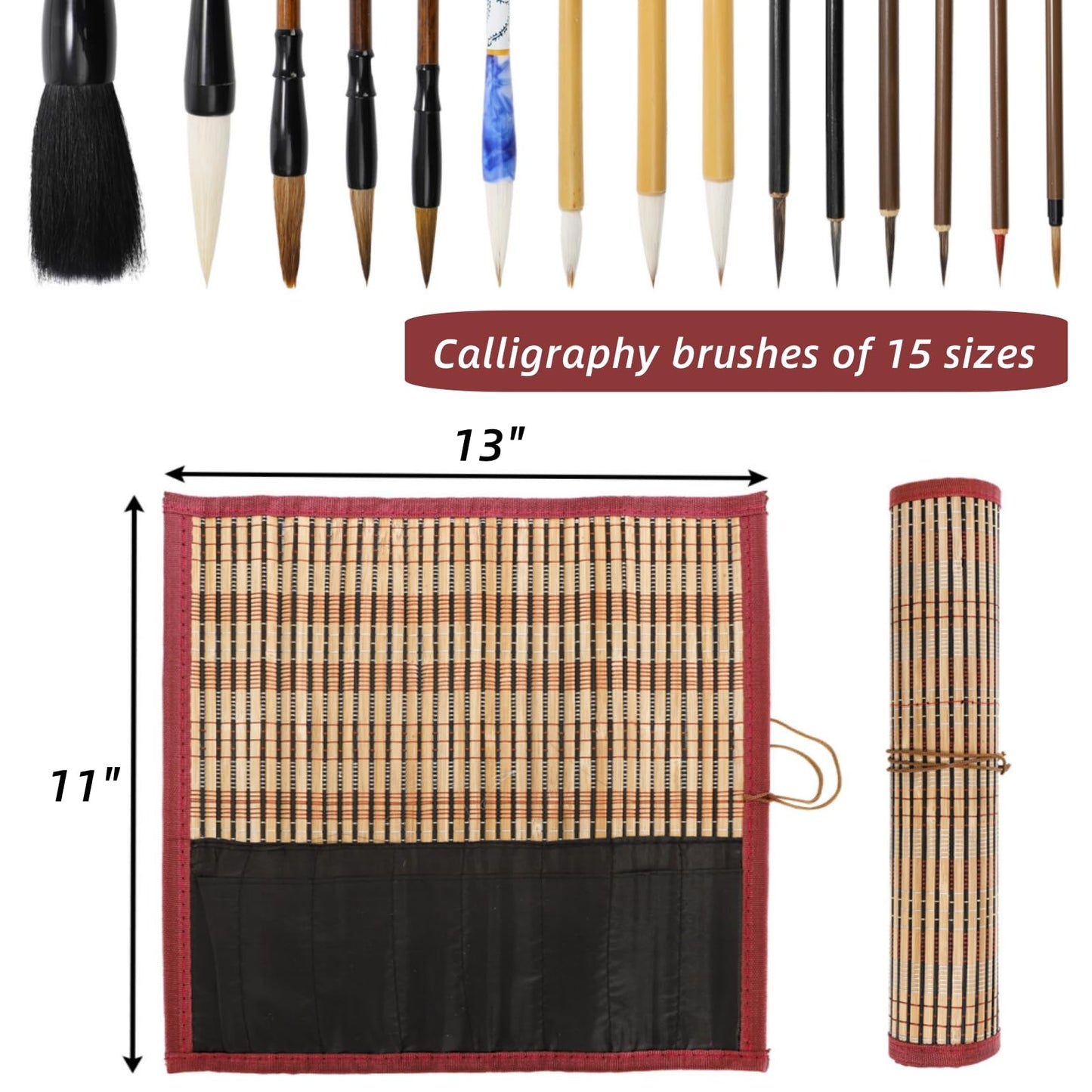 Eorbow 16 Pieces Chinese Calligraphy Brush Set, Sumi Brushes with Roll-up Bamboo Holder, Sturdy Japanese Watercolor Painting Writing Brushes, Kanji Art Drawing Brushes for Beginners
