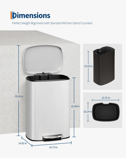 Garvee 13 gal / 50 L Metal Kitchen Trash Can with Lid, Large Rustproof Garbage Can for Kitchen, Step-on Trash Bin with Inner Bucket, Rear Handle, Soft Close Lid, White