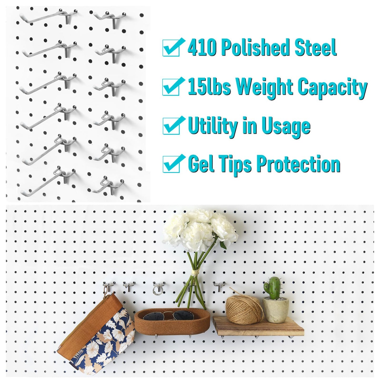 Pegboard Hooks Organizers - Peg Board Baskets Clear Cups Multiple Hangers 33 Pack - Display Shelving Tool Organizer Set for Craft Room Office Stadio Workroom Garage Storage Organization (White)
