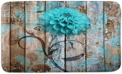 Farmhouse Floral Flower Bath Mat, Teal Dahlia Rustic Wooden Plank Country Barn Wood Non-Slip Doormat (16X24)