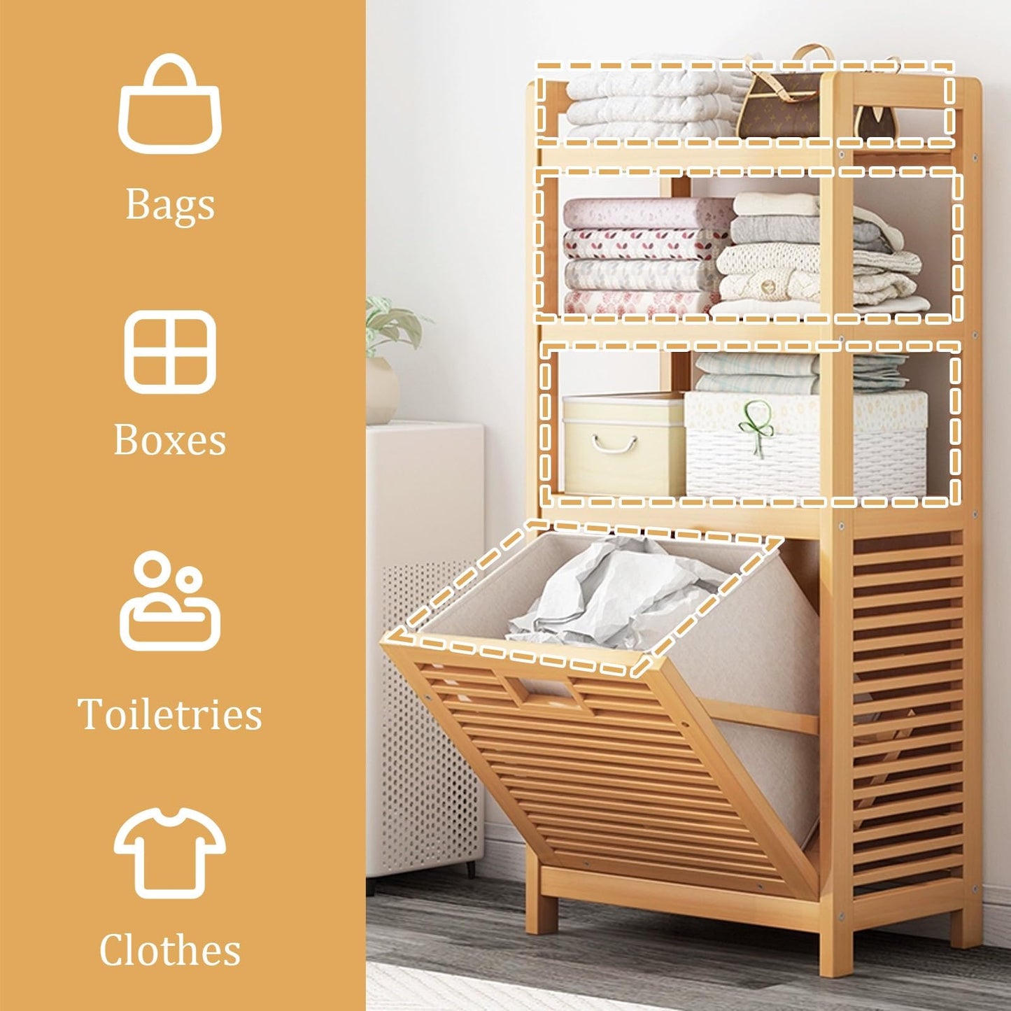 Wood Large Laundry Hamper Cabinet, Laundry Sorter with Pull-Out and Removable Bags, Breathable Hampers for Laundry, Bedroom