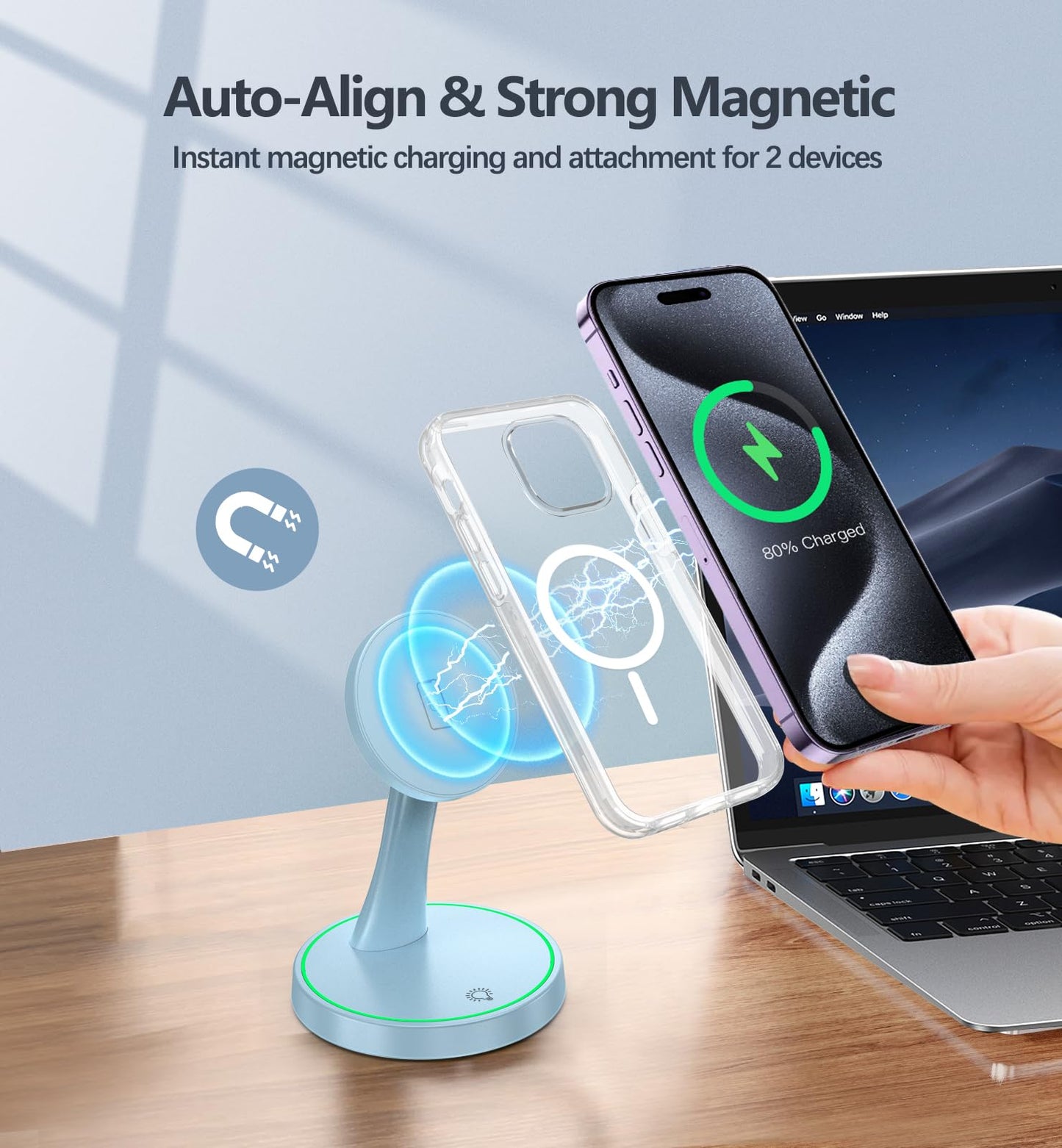 Magnetic Wireless Charger Stand 15W Fast Mag-Safe Charger for iPhone 17/17 pro/ 17 Air/ 17 pro max 16/15/14/13/12 Series Magnet Wireless Charging Station/Pad with Sleep-Friendly Light for AirPods