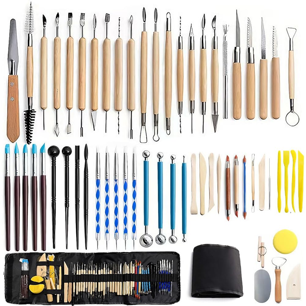 61 PCS Complete Clay Sculpting Tools Kit: All-in-One Pottery Tools with Stainless Steel & Wooden Handles for Modeling Polymer, Ceramic, Air Dry Clay - for Beginners & Artists