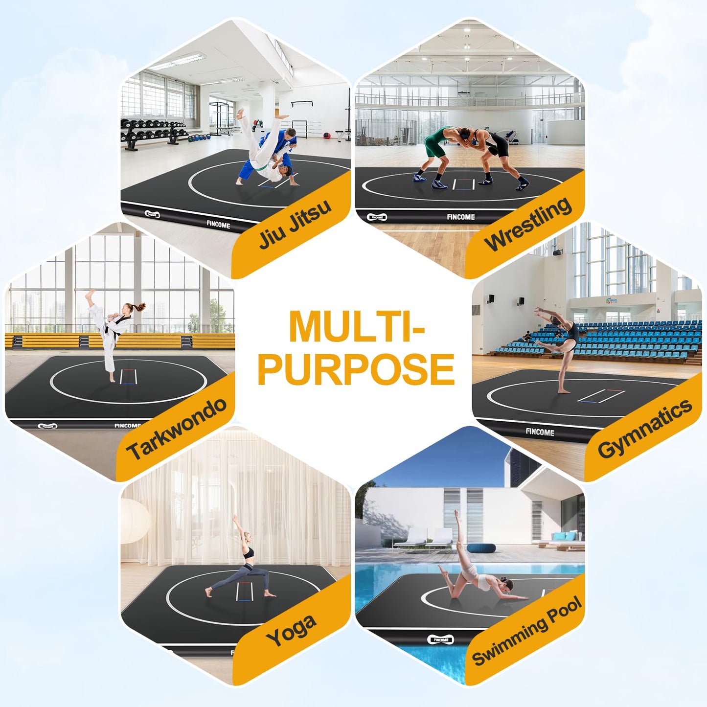FINCOME Inflatable Wrestling Mat 16ft/13ft/10ft, 4" Thick Foldable Jiu Jitsu Mats Wrestling Mats for Home Outdoor Indoor, Waterproof PVC Mat for Gymnastics, BJJ, MMA, Grappling, Judo, Boxing
