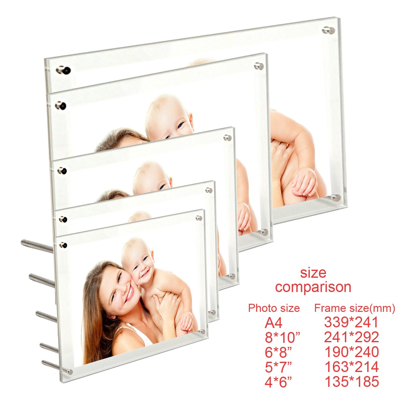 Acrylic Photo Frame Brackets for Hanging or Wall Mount - Floating and Desktop Picture Frame (5x7 inch, 5 Pack)