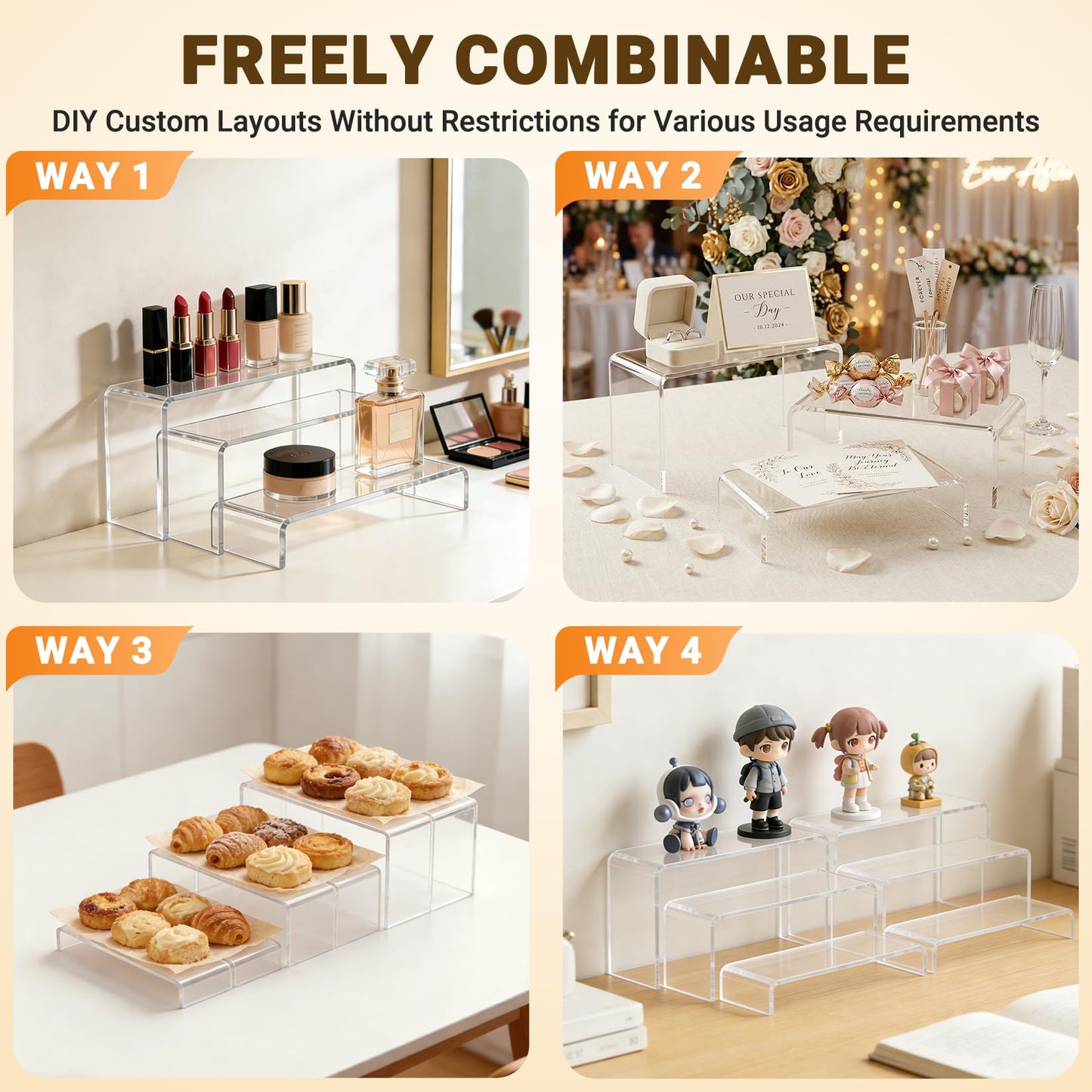FUNFERY Acrylic Display Risers,2 Sets(7.8" L~8.2" L~8.6" L) Display Stand Shelf for Figure,Collectibles,Cupcake,Clear Acrylic Risers for Displays Case Cabinet,Dessert Table,Shelf Riser for Decor,Food