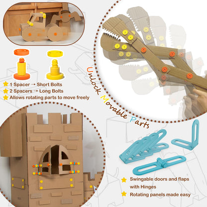 ZLemma Cardboard Construction Kit - 401 PCS Kids Building Set with Safe Serrated Cutter, Crease Roller, Screws & Nuts, STEM Upcycled Tool for DIY Cardboard Projects, Engineering & Creativity