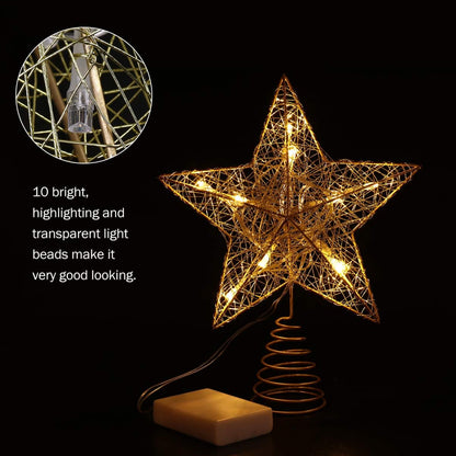 10 Inches LED Christmas Tree Topper, Glitter Gold Hollow Star Treetop, Christmas Ornaments for Tree Decor