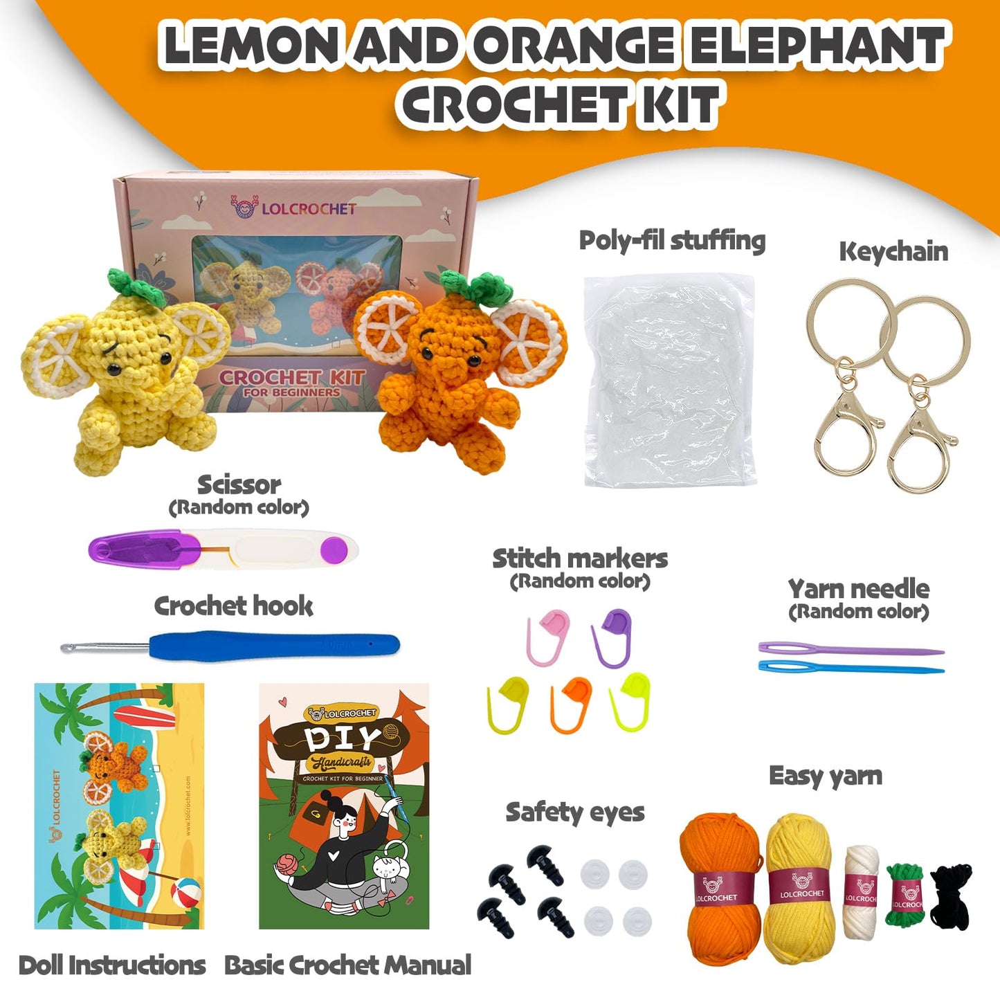 Elephant Crochet Kit for Beginners, Learn to Crochet Starter Set with Step-by-Step Video Tutorial & Crocheting Manual, Easy Yarn Knitting Project for Adult & Kid 12+, Stuffed Animal Doll for Xmas Gift