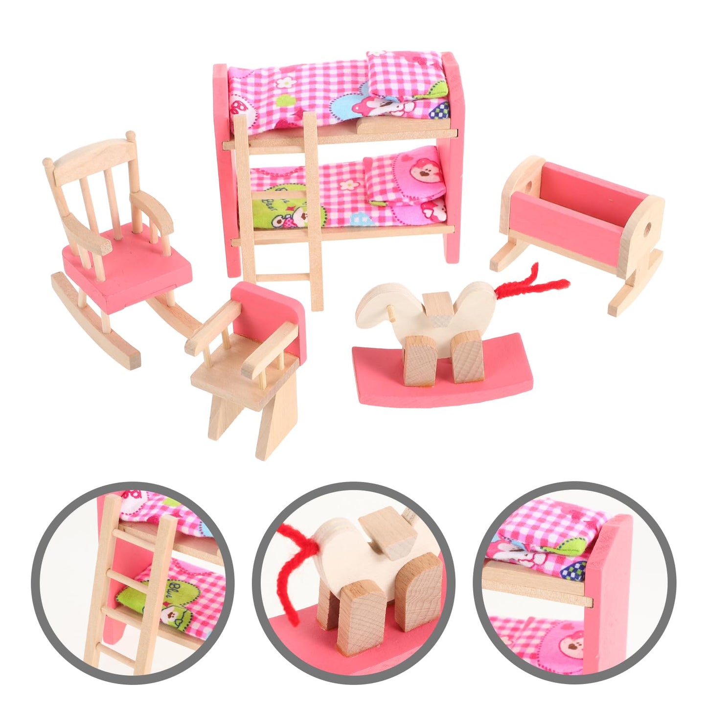 JOINPAYA Wooden Dollhouse Bedroom Furniture: Doll Bunk Bed Rocking Horse Chair, DIY 1:12 Scale Miniature Doll House Decoration Accessories for Ages 3+ Role-Playing