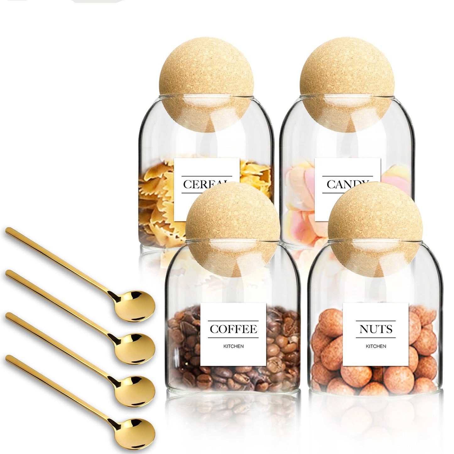 4PCS Glass Jar Storage Container with Ball Cork, 500ML/17Oz Food Storage Containers Clear Wood Cork Bottle Candy Jars Coffee Canister for Beans Nut Sugar Spices Seasonings Kitchen Organizer Christmas