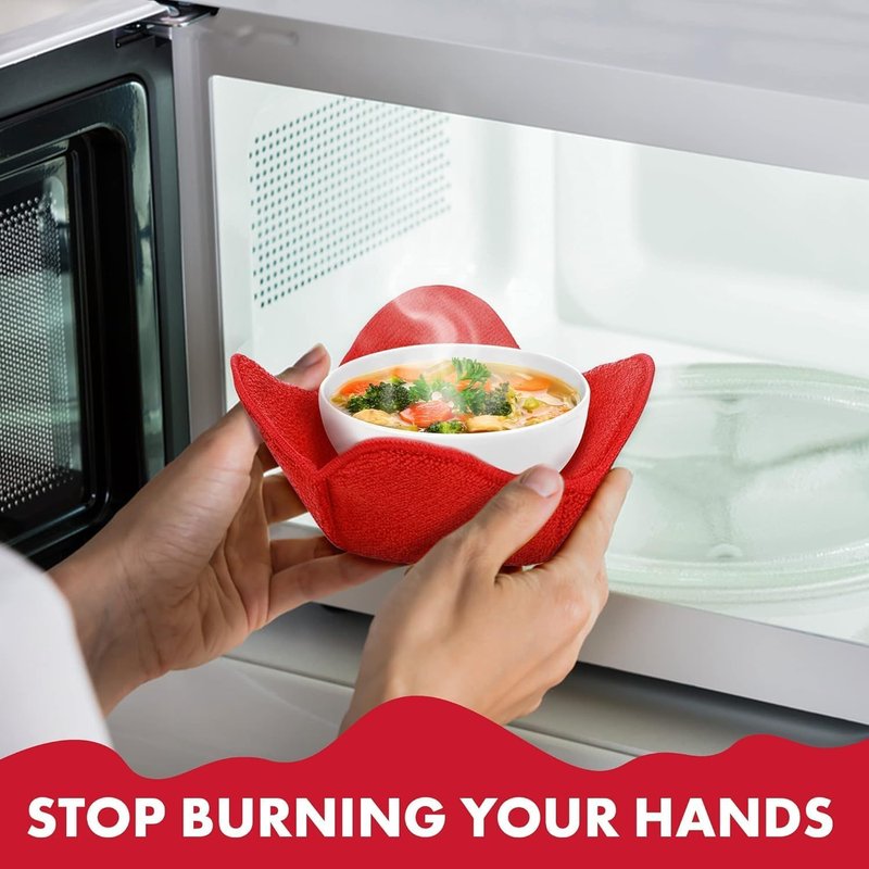 Microwave Bowl Cozies Warmers Food Microfiber Heat Resistant Food Warmer Set Microwave Safe Hot and Cold Bowls Holder Without Burning Your Hands Set of 4 Microwave Bowl Holders (Red)