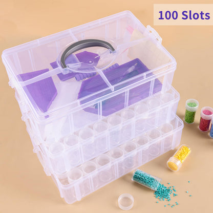 QUEFE 3-Tier Diamond Painting Storage Container, 100 Slots Clear Stackable Bead Organzier with Diamond Painting Accessories and Tools for DIY Diamond Art Craft Jewelry Bead Storage