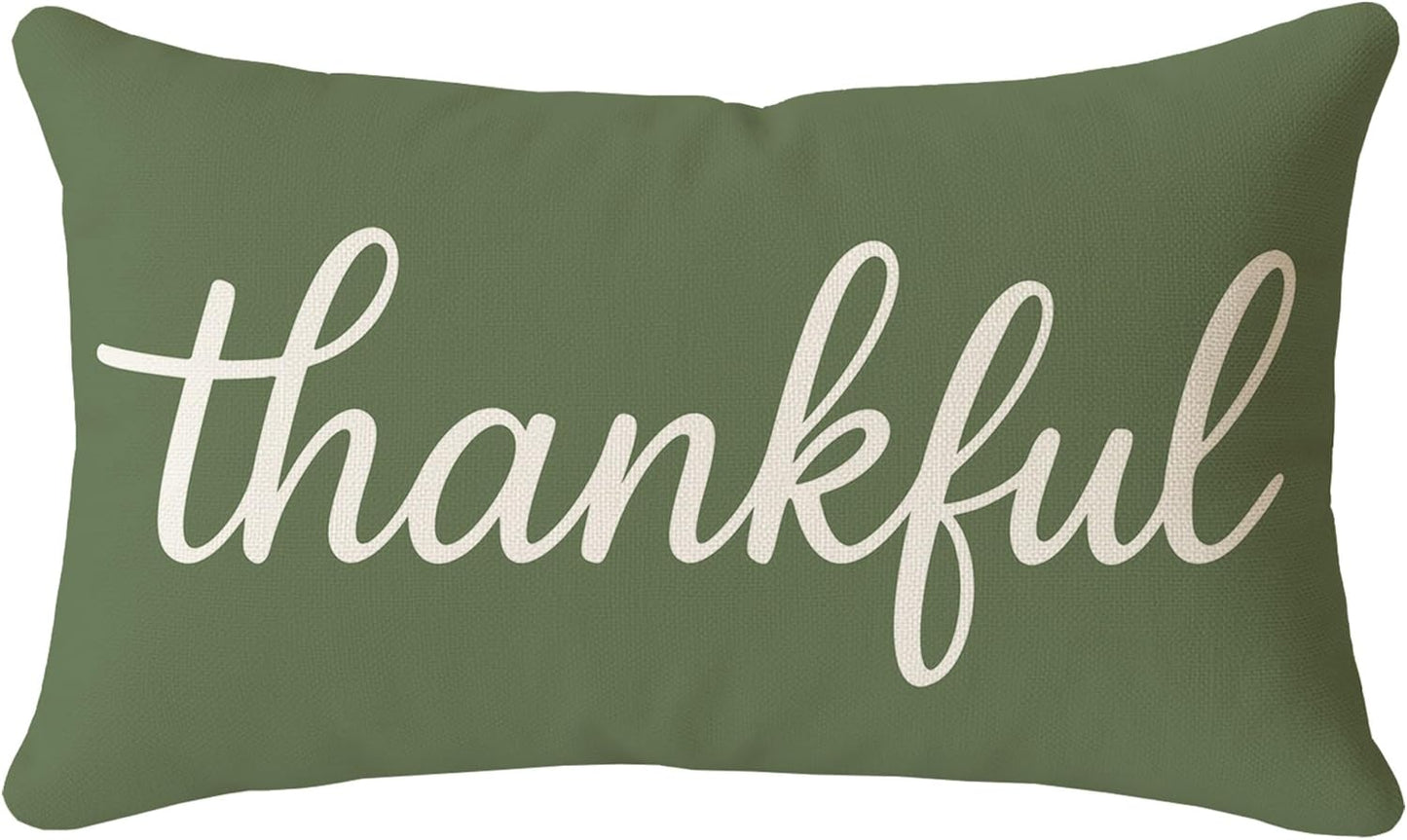 12x20 Inch Thankful Pillow Cover Olive Green Lumbar Decorative Cushion Case Rustic Farmhouse Fall Decor Thanksgiving