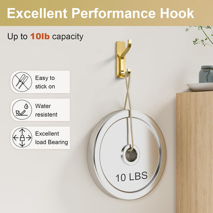 Pickpiff Adhesive Wall Coat Hooks - Heavy-Duty Stick-On Metal Hangers for Towels, Bags & Clothes - Gold, 6 Pack
