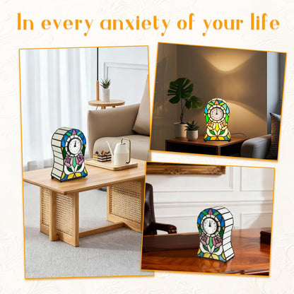 Yodimust Tiffany Style Rose Pattern Bell-Shaped Table Lamp with Clock, Stained Glass Lamp, Creative Clock Lamp, Decoration for Bedroom, Bedside Lamp, Office