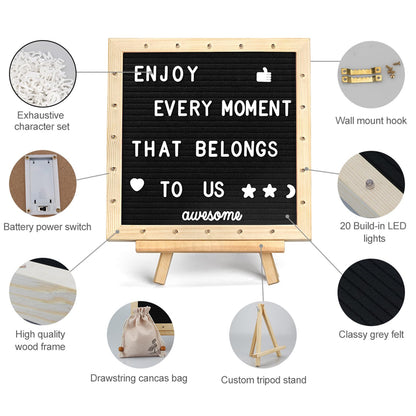 Black Felt Letter Board with Lights (10*10), 340 Letters Built-in LED Lights -Message Board Adjustable Stand, for Menus, Pregnancy Announcement, Baby Announcement Signs, Weddings, and Party Planning