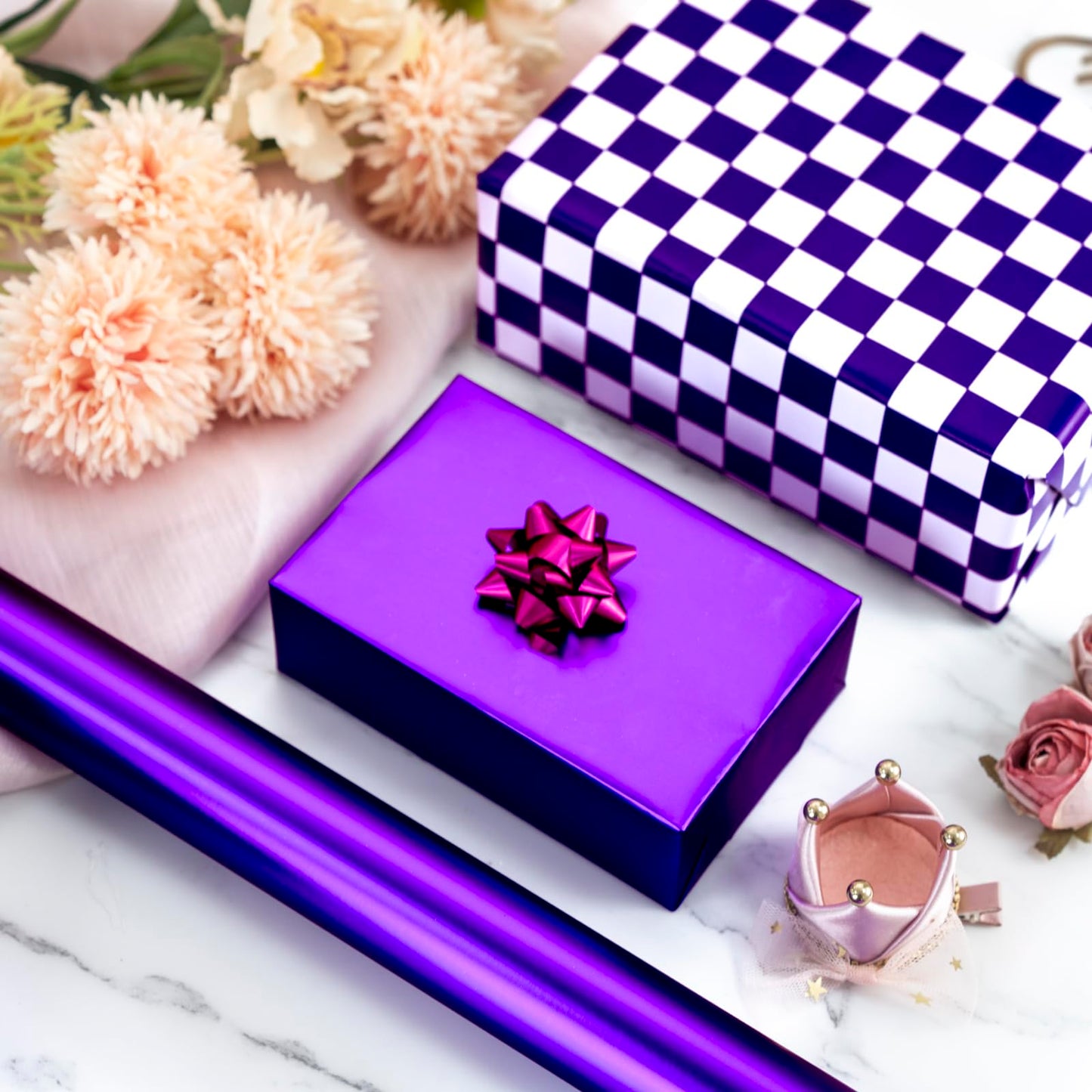 Homeral Purple Wrapping Paper Roll - 17 In x 33 Ft Matte Metallic Solid Color & Purple and White Checkered Reversible Gift Wrapping Paper for Birthday, Wedding, Christmas, Valentine, Baby Shower