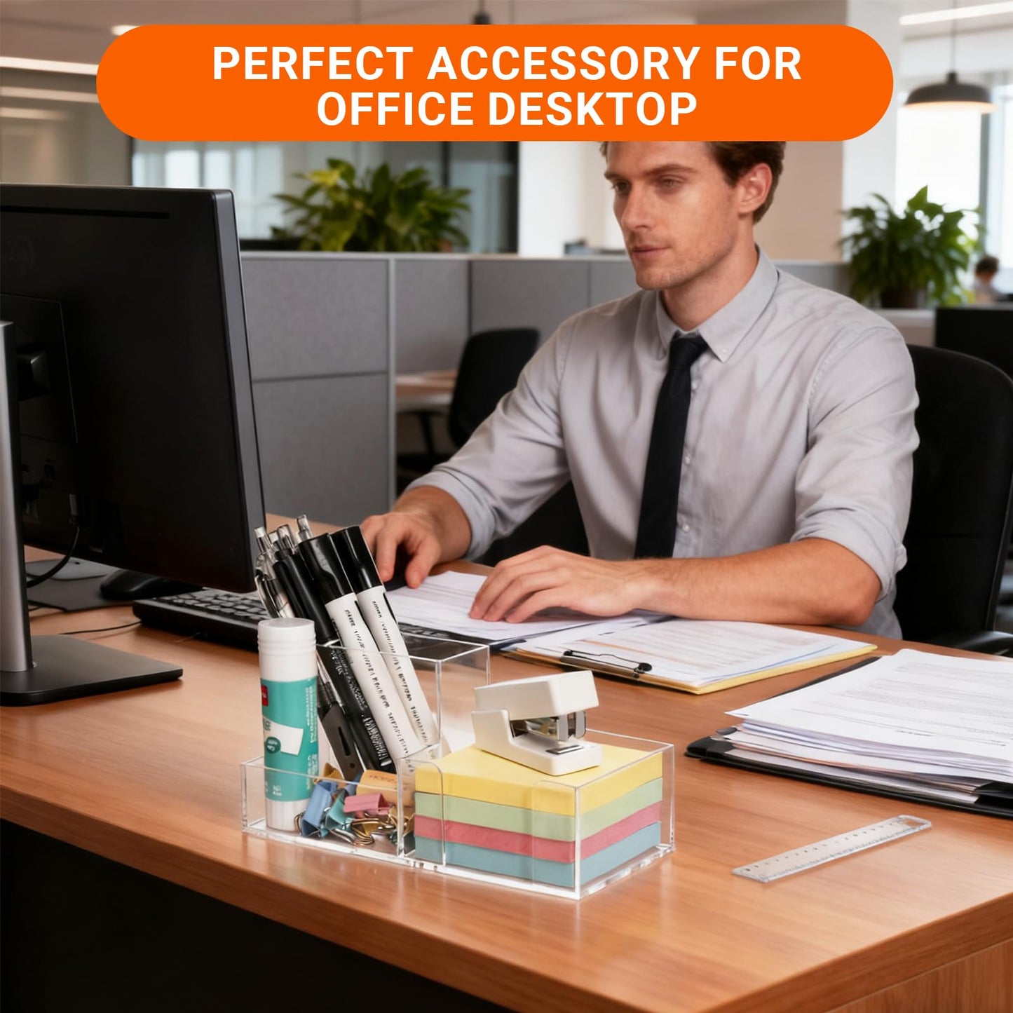 Pen Holder for Desk Clear Pencil Holder with Sticky Notes Holder Acrylic 3 Compartments Desk Organizer Office Desk Accessories for Office, School, Home, Makeup Brush Holder for Bedroom Bathroom