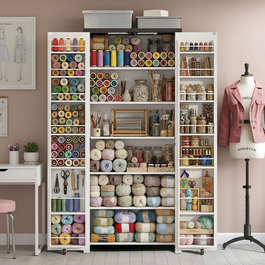 NEWOWNDS Craft Storage Cabinet with LED Lights – 72" Adjustable Shelves Sewing Organizer, Multi-Purpose Sewing Cabinet for Craft Room/Home Office Storage
