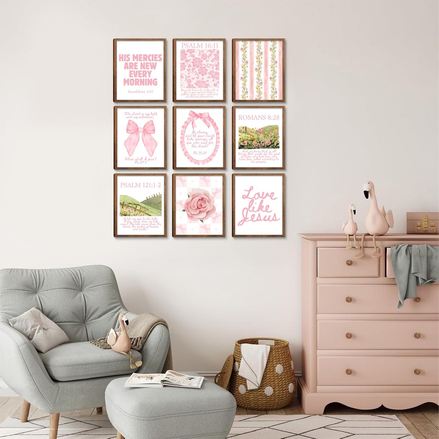 Christian Wall Art Pink Bible Verse Canvas Posters Coquette Bow Room Wall Decor Jesus Scripture Pictures Trendy Preppy Christian Floral Aesthetic Prints for Girls Bedroom 8x10xInch Set of 9 Unframed