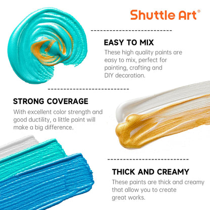 Shuttle Art Metallic Acrylic Paint Set, 20 Colors Metallic Paint in Bottles (60ml, 2oz) with 10 Brushes and 1 Palette, Rich Pigments, Non-Toxic for Artists, Beginners on Rocks Crafts CanvasWood Fabric