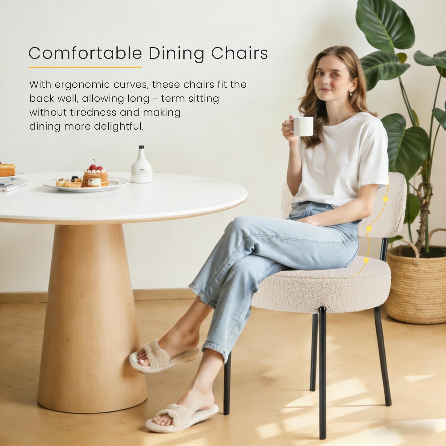 DUMOS Dining Chairs Set of 6, Mid Century Modern Chair Round Upholstered Curved Backrest, Kitchen Vanity Living Room Chairs with Black Metal Legs，Classic Beige