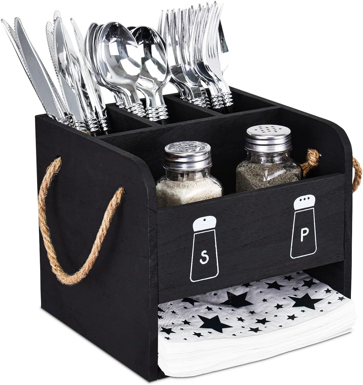 Ikee Design Wooden Utensil Caddy with Handles, Includes Salt Pepper Shaker, Silverware Holder Organizer for Countertop,