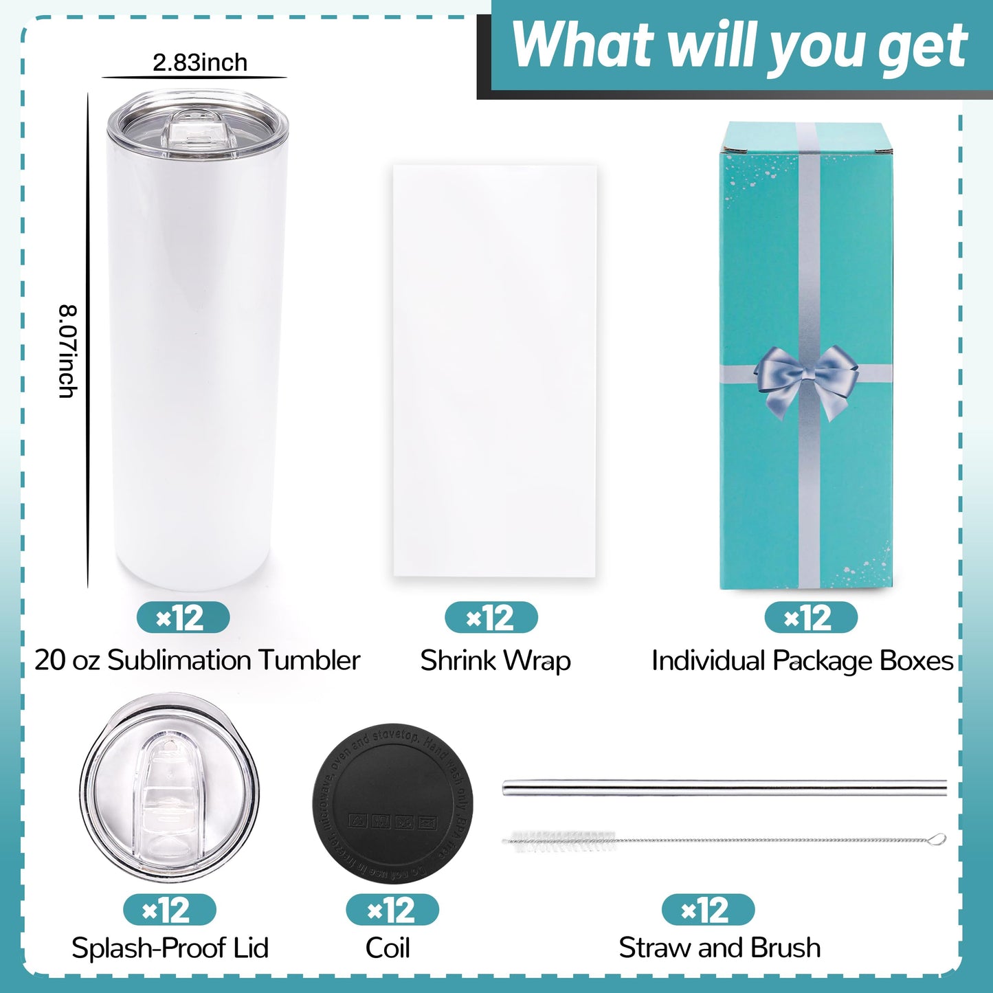 12 Pack Sublimation Tumblers 20 oz Bulk Blank Tumblers Skinny Straight Flat Bottom Cups White with Lid and Straw