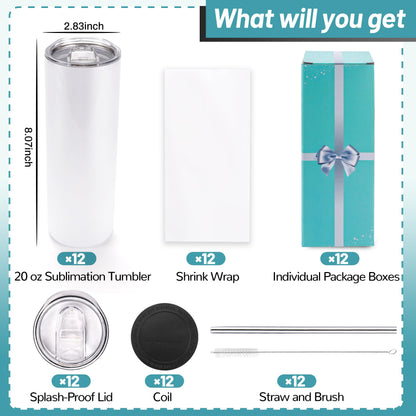 12 Pack Sublimation Tumblers 20 oz Bulk Blank Tumblers Skinny Straight Flat Bottom Cups White with Lid and Straw