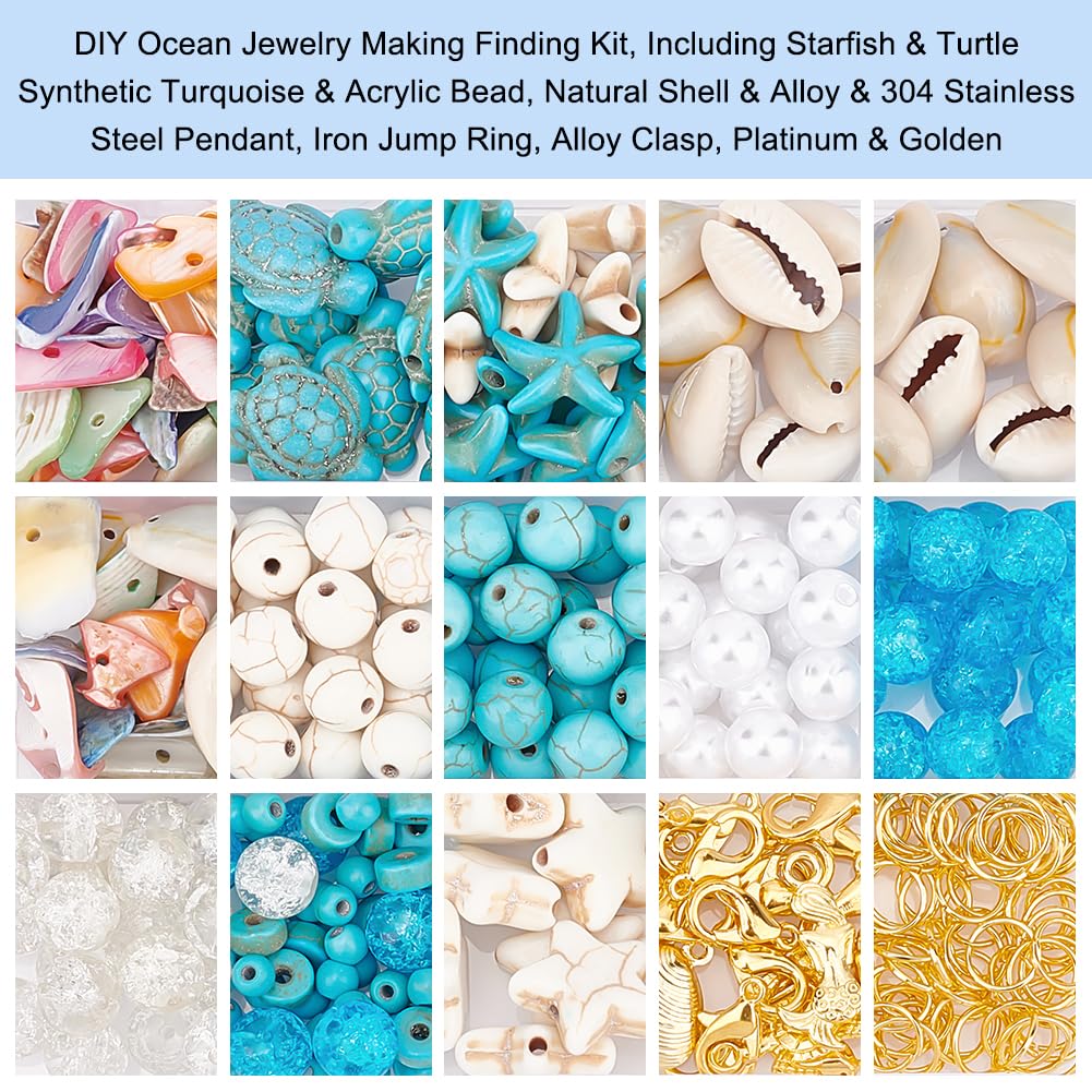 PandaHall 357pcs Starfish Shell Beads Ocean Jewelry Making Kit - 20g Synthetic Turquoise Seashells, Turtle & Mermaid Charms, Cowrie Shell Beads for Summer Beach Necklace, Bracelet & Anklet