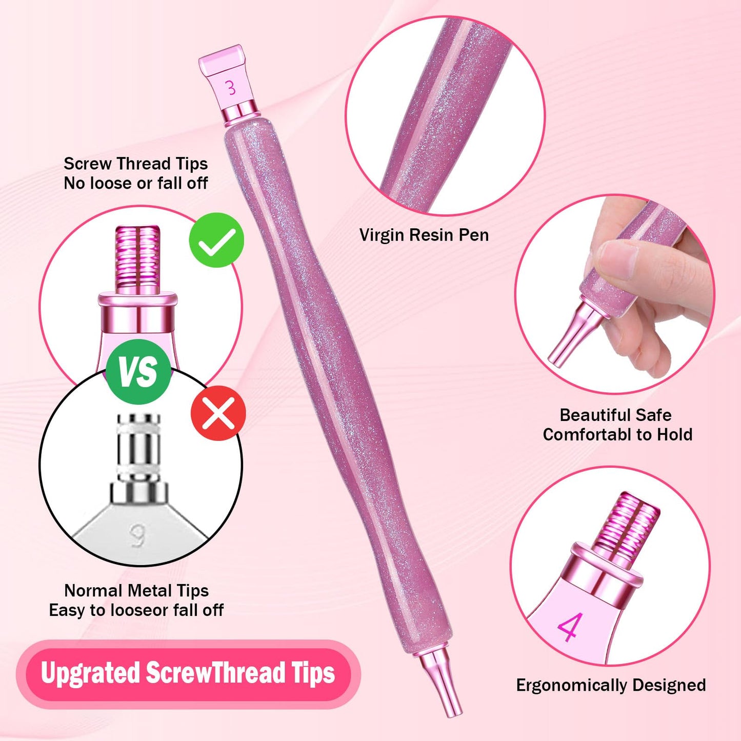 Snewvie Diamond Painting Pen Accessories Tools Set,3PCS Glitter Diamond Art Pen and 12Pcs Metal Screw Thread Multi Placer Tips,Resin Diamond Painting Drill Pens for DIY Diamond Art