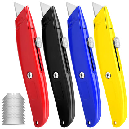 DIYSELF 4 Pack Box Cutter, Utility Knife, with 10 Extra SK5 Blades, Aluminum Shell Box Cutter Retractable for Papers, Cardboard, and Cartons, Razor Knife, Pipe Cutter(Red, Blue, Yellow, Black)