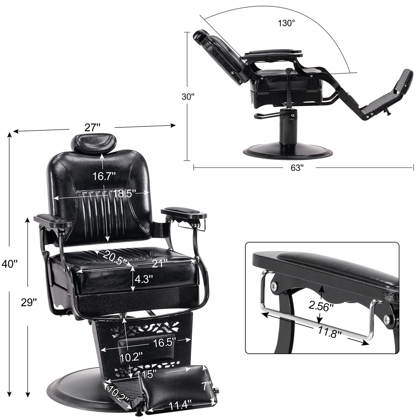 BarberPub Heavy Duty Metal Vintage Barber Chair All Purpose Hydraulic Recline Salon Beauty Spa Chair Styling Equipment 2925 (All Black)