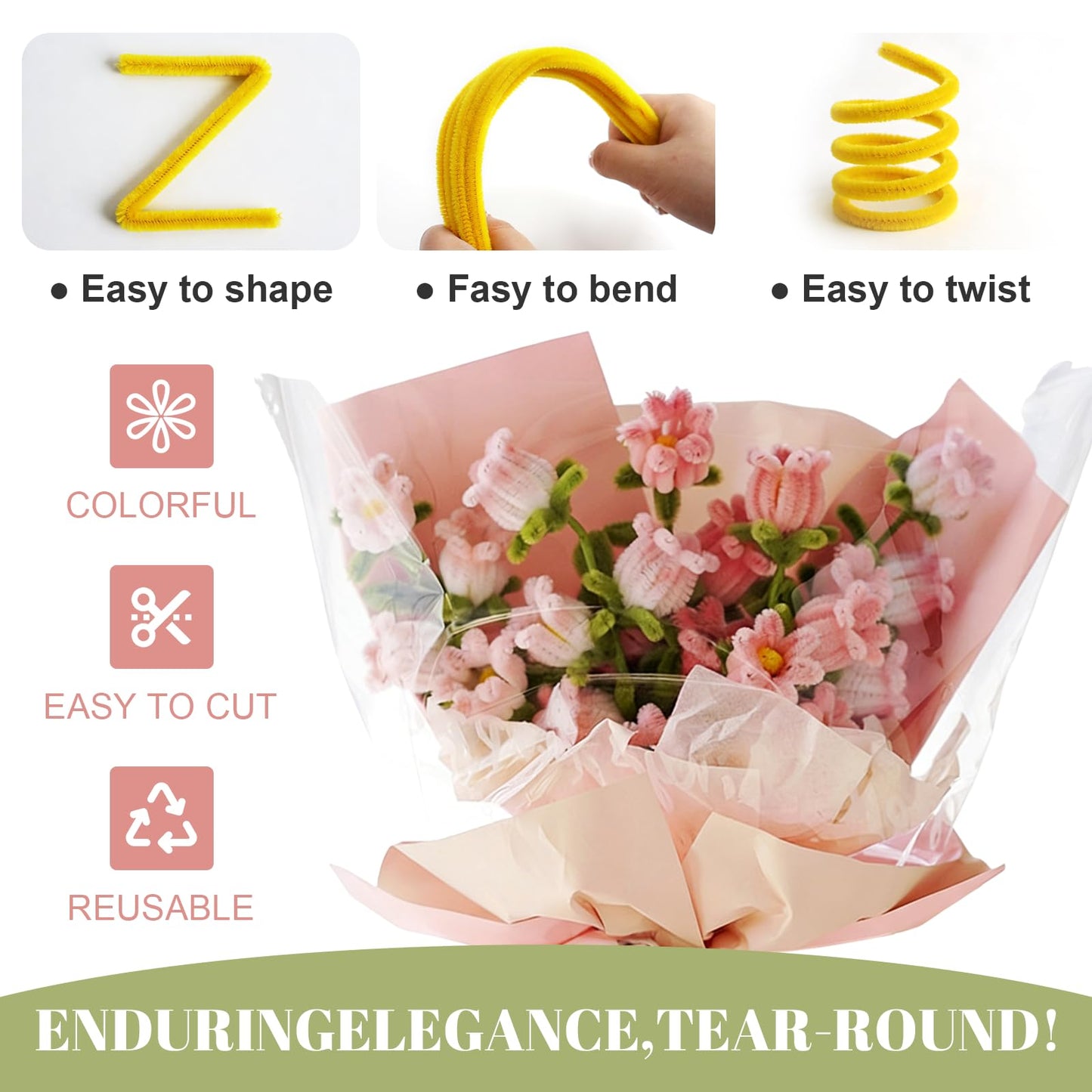 500PCS Pipe Cleaner Flower Kit,Bulk Pipe Cleaners Craft,Chenille Stems with Wrapping Paper for Mother's Day Graduation Birthday Wedding