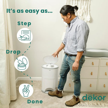 Diaper Dekor EKO Plus Diaper Pail Gift Set, White | ONLY Eco-Friendly Diaper Pail Made with 70% Recycled Materials | Comes with up to a Year's Supply Worth of Diaper Dekor Refills!