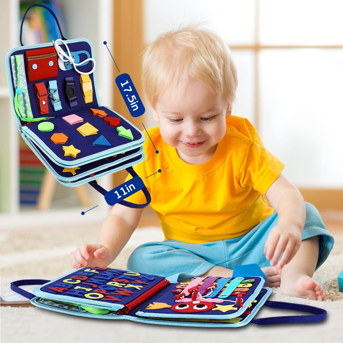 Esjay Toddler Busy Board Montessori Toys, Sensory Board Educational Activities for Learning Fine Motor Skills, Gifts for Girls Boys Toddlers, Travel Toys for Airplane Car,Blue Dinosaur