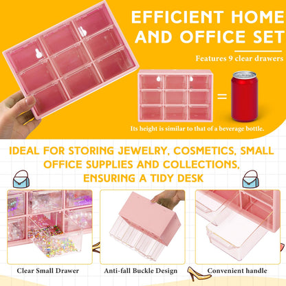 Wenqik 2 Pcs Mini Storage Drawers Teacher Toolbox Organizer with 9 Clear Drawers Small Plastic Desktop Teacher Desk Craft Organizer for Classroom Office 7" x 3. 9" x 4. 7"(Pink)