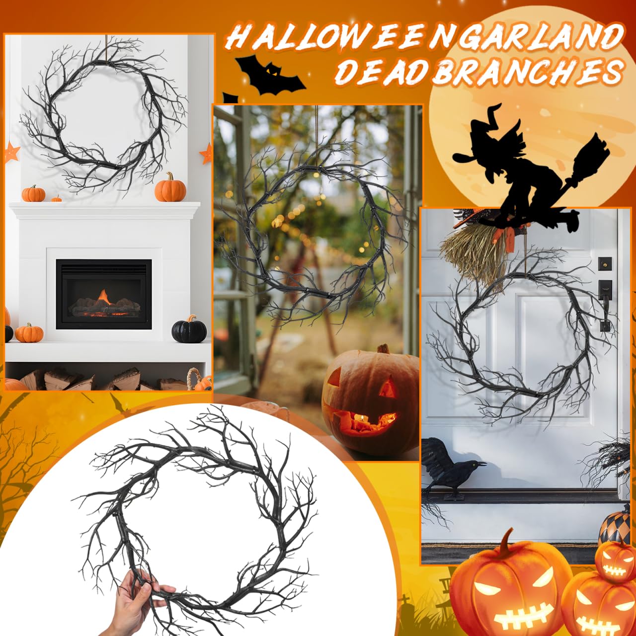 HOODANCOS Black Twig Halloween Wreath Medium Artificial Dead Branch Garland for Indoor Outdoor Party Home Wall Decor Seasonal Halloween Pendant