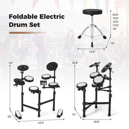 Costzon Electric Drum Set, Electronic Drum Kit for Beginner with 4 Quiet Mesh Pads, 150 Sounds, 9.5” Cymbals, Metronome, USB MIDI, Headphone, 2 Pedals, Drumsticks & Adjustable Throne
