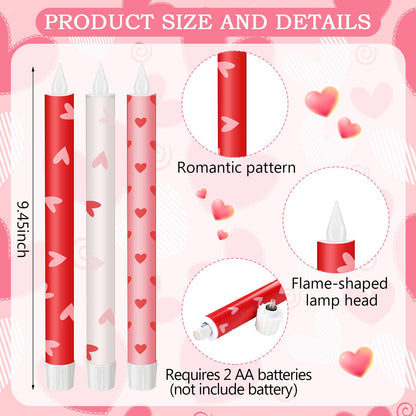 Lyrow 6 Pcs Valentine'day Flameless Taper Candles with Red Heart 11 Inch Real Wax LED Candles Flickering Battery Operated Candlesticks for Valentines Gifts Proposal Wedding Anniversary Romantic Night