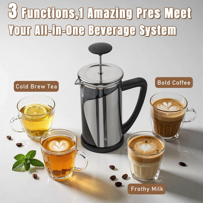 KYZ French Press Coffee Maker, 304 Stainless Steel with 4 Level Filter, 20oz Borosilicate Glass Coffee Press, Heat Resistant, Easy to Clean, 100% BPA Free for Coffee & Tea