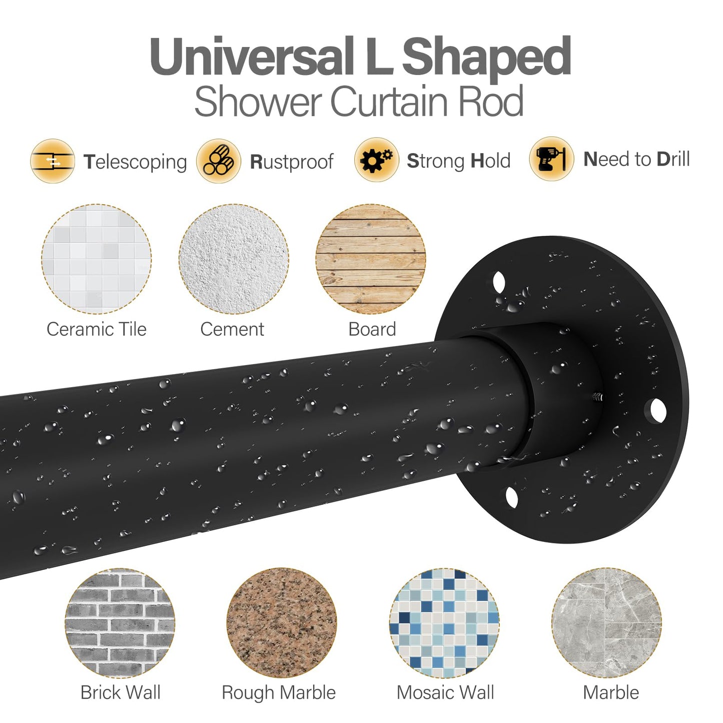 Yampos Diamond Shaped Corner Shower Curtain Rod, [Both Sides: 22"-34.8", Middle: 28"-43.7"] Adjustable Heavy Duty Angled Shower Curtain Pole for Bathroom with 12 Hooks & Ceiling Support - Matte Black