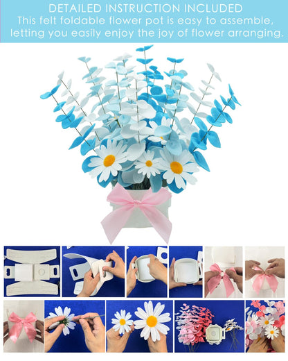 BAZIMA Felt Eucalyptus Daisy Bouquet,Felt Flowers,Multi-Color Felt Leaves,DIY Bouquet,Artificial Flower Bouquet with Flower Pot,Floral Gifts,15 Eucalyptus and 8 Daisies kit(White and Blue)
